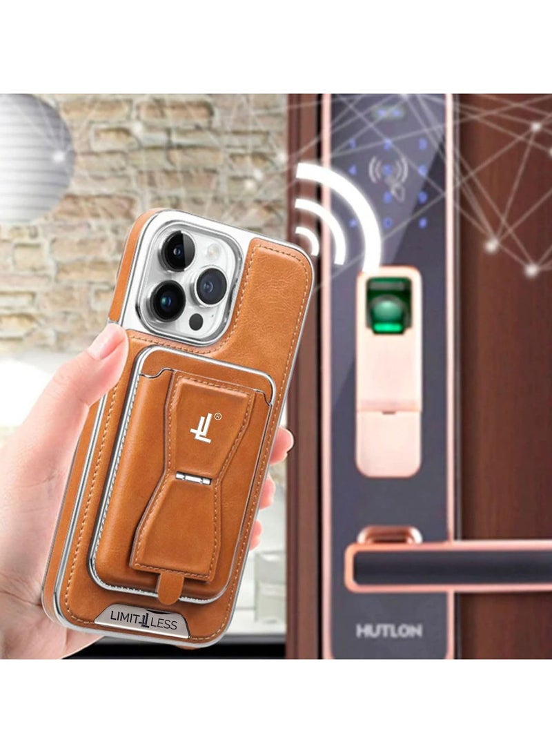 ليمتليس حافظة جلدية لهاتف آيفون 14 برو، غطاء حماية كامل الجسم ناعم الملمس، حافظة ممتازة مضادة للصدمات مع حامل بطاقة قابل للإزالة، متوافقة مع الشحن اللاسلكي بدون متاعب (بني) - Image 2