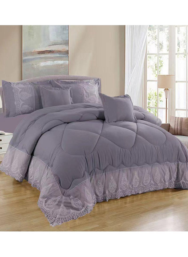 COMFY 6 PC EMBROIDERY LACE COTTON SOFT KINGSIZE COMFORTER SET GREY
