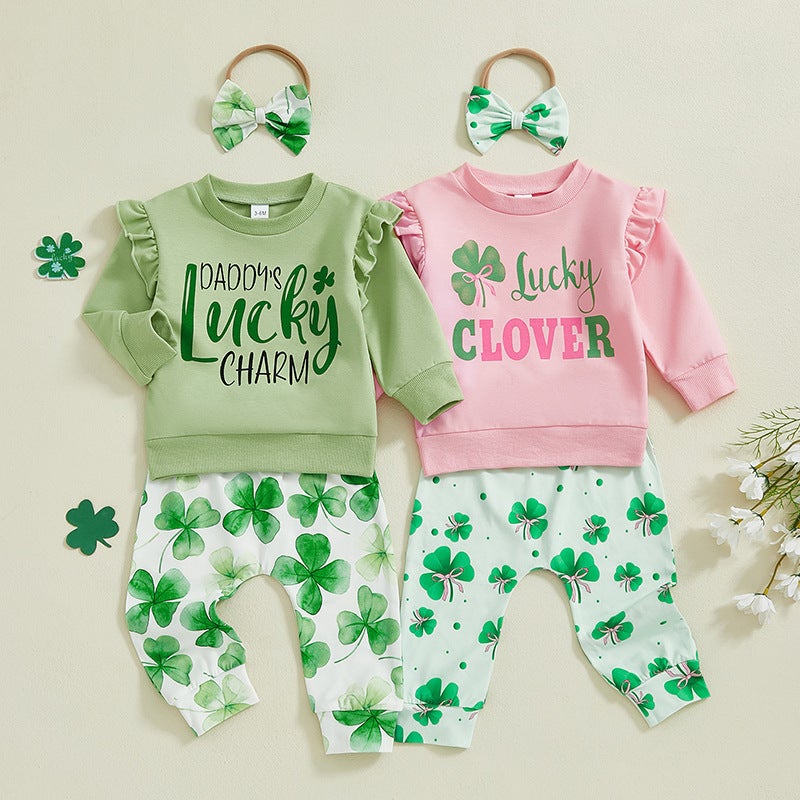 and Girls Sweet Children''s Clothing Spring and Autumn Lucky Four-leaf Clover Printed Long-sleeved Sweatshirt Trousers Headband Three-piece Set - Image 2