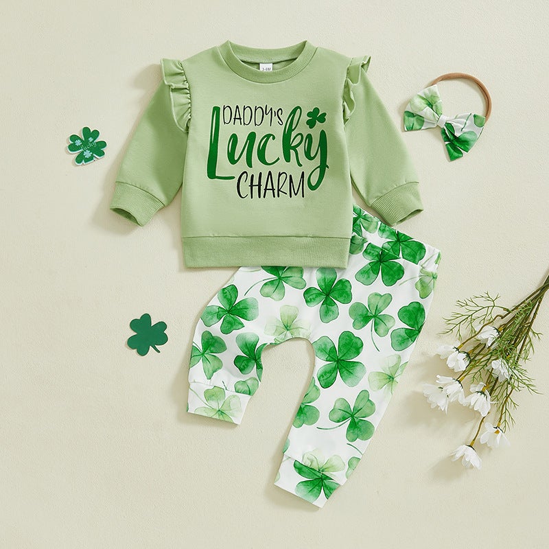 and Girls Sweet Children''s Clothing Spring and Autumn Lucky Four-leaf Clover Printed Long-sleeved Sweatshirt Trousers Headband Three-piece Set - Image 3