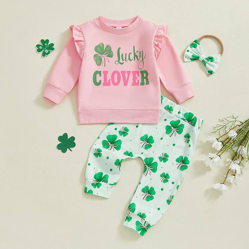 and Girls Sweet Children''s Clothing Spring and Autumn Lucky Four-leaf Clover Printed Long-sleeved Sweatshirt Trousers Headband Three-piece Set - Image 5