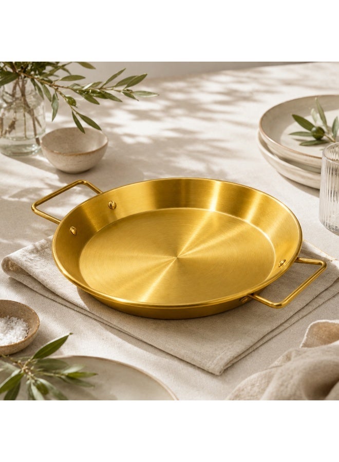 A frying pan, gold color, finished, 22 cm in size, with two comfortable handles. The package contains one piece. - Image 1
