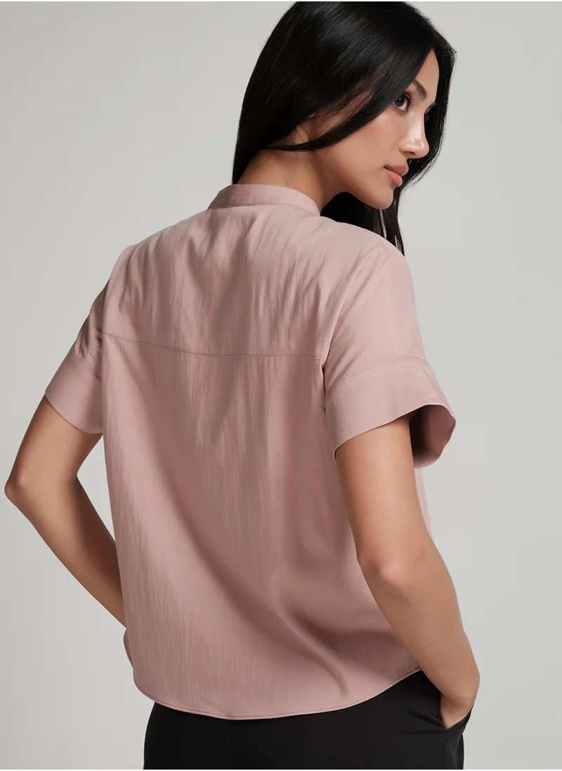 Zigzag Crop Turn Up Sleeve Cotton Brown Shirt
