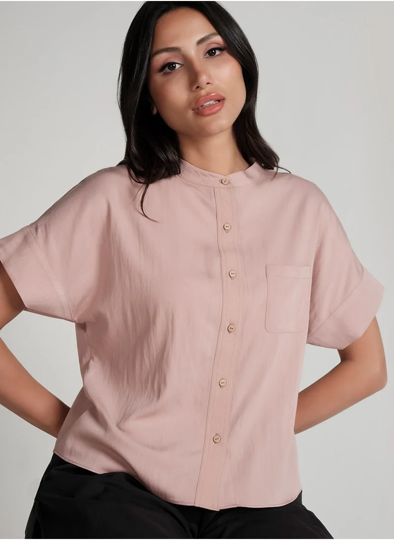 Zigzag Crop Turn Up Sleeve Cotton Brown Shirt