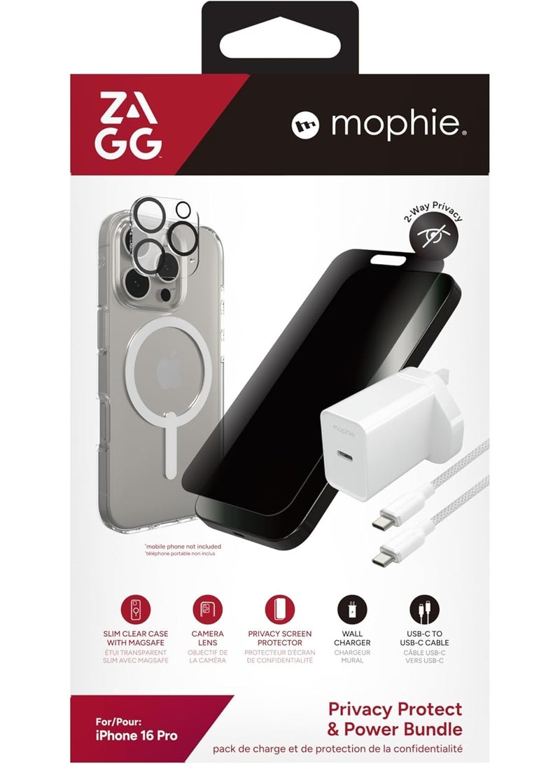 ZAGG & Mophie Bundle Box for iPhone 16 Pro – Ultimate Protection & Fast Charging | Includes Privacy Screen, Crystal Palace Lite Case, Camera Lens Protector, 20W USB-C PD Charger & Cable - Image 3