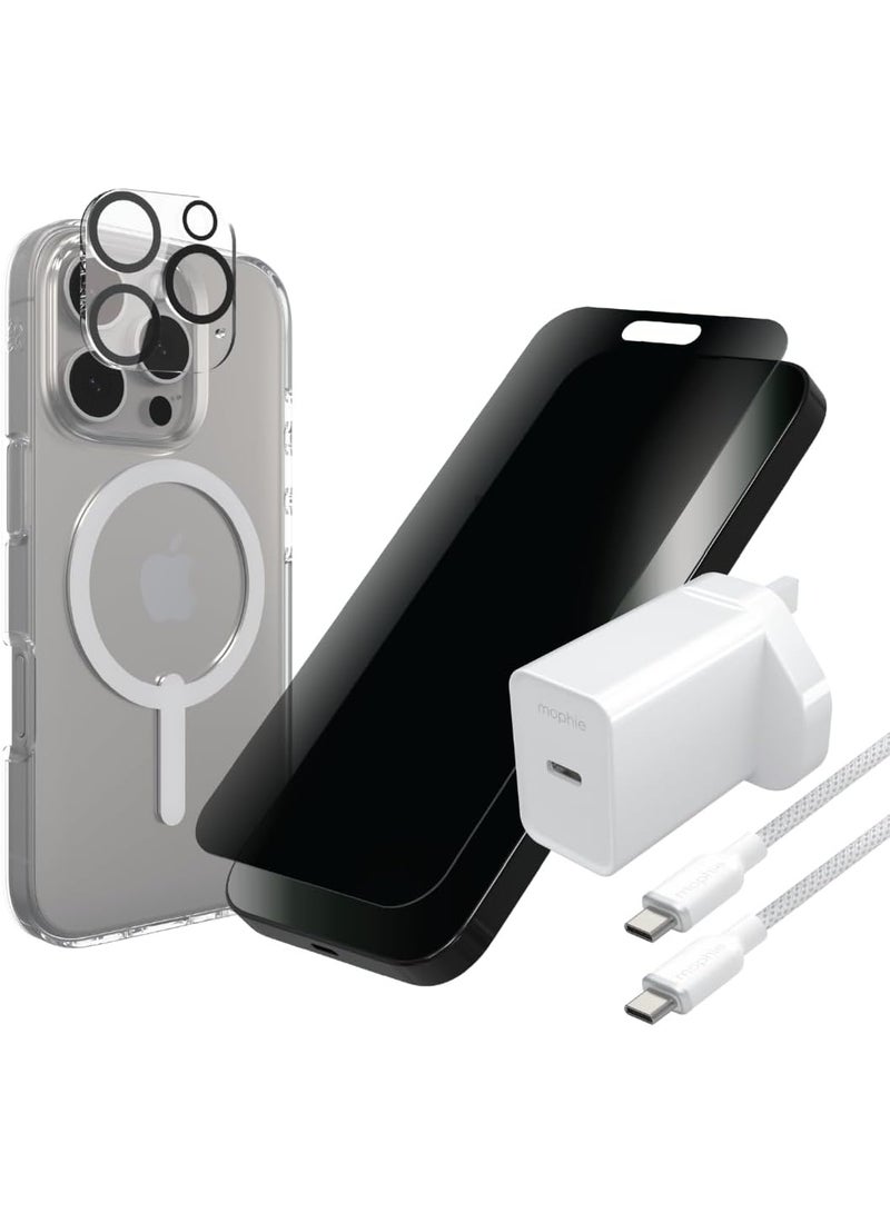 ZAGG & Mophie Bundle Box for iPhone 16 Pro – Ultimate Protection & Fast Charging | Includes Privacy Screen, Crystal Palace Lite Case, Camera Lens Protector, 20W USB-C PD Charger & Cable - Image 1