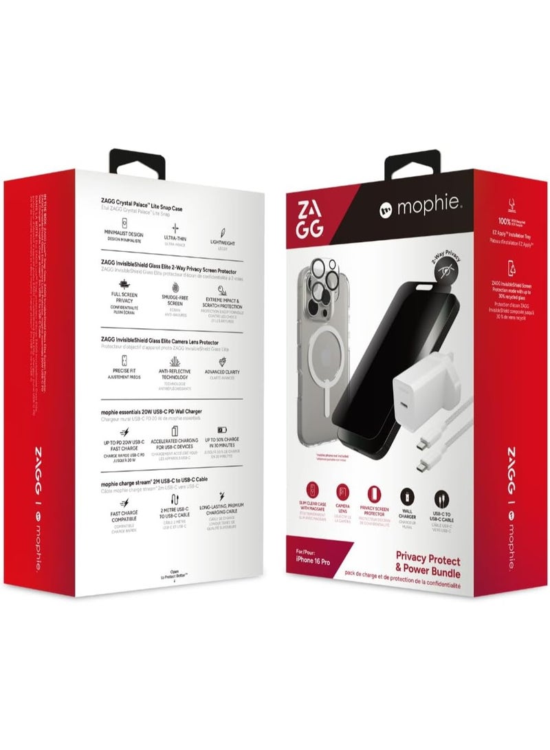 ZAGG & Mophie Bundle Box for iPhone 16 Pro – Ultimate Protection & Fast Charging | Includes Privacy Screen, Crystal Palace Lite Case, Camera Lens Protector, 20W USB-C PD Charger & Cable - Image 2