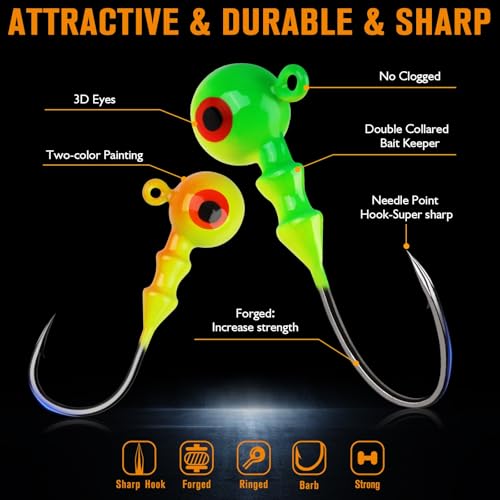 Dovesun Jig Heads for Fishing, Painted Jigheads with 3D Eye Ball Glowing Walleye | Bass | Crappie jigs 1/8oz 40pcs - Image 2