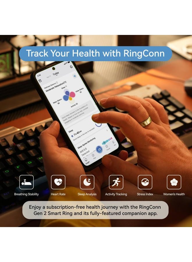 RingConn Gen 2, World's First Smart Ring with Sleep Apnea Monitoring, No APP Subscription, 12-Day Battery Life, Stress/Heart Rate/Women's Health Tracker, Android & iOS Compatible (Gold, Size 6) - Image 3