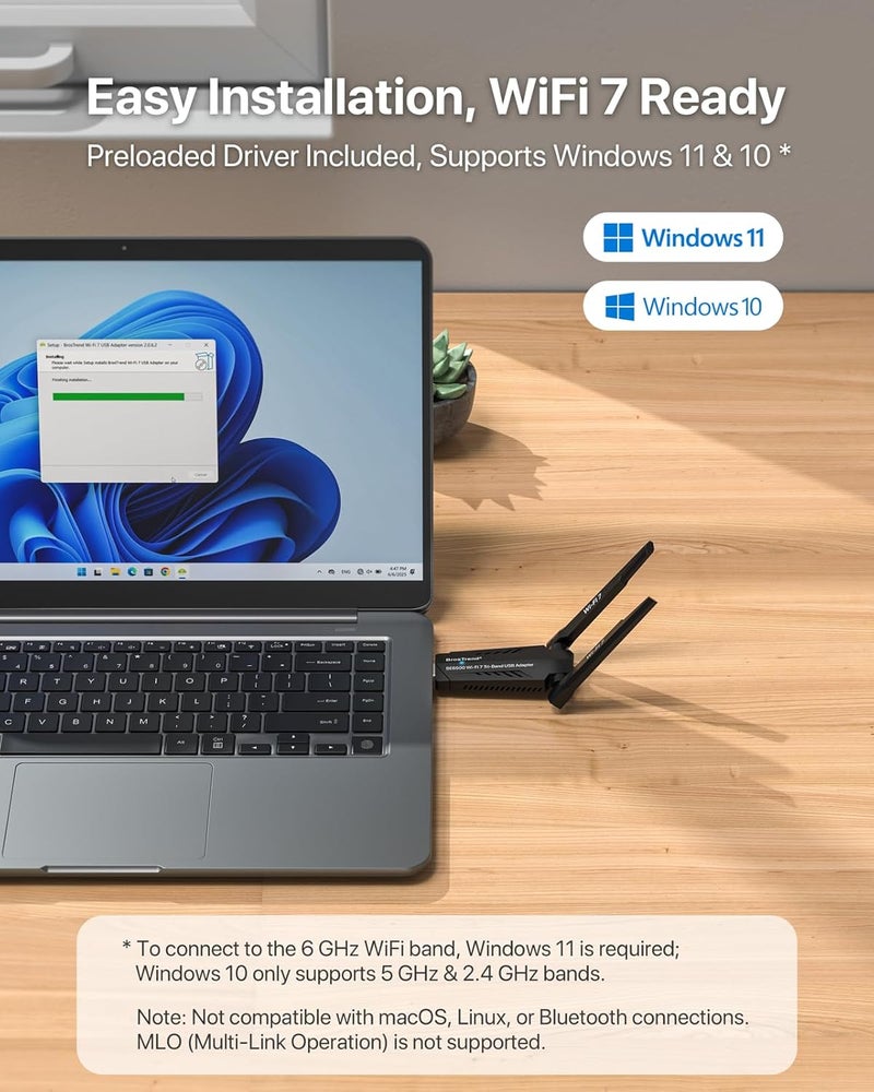 BrosTrend WiFi 7 WLAN Stick for PC, BE6500 USB WLAN Adapter PC High Range, Tri-Band 6GHz / 5GHz / 2.4GHz Receiver WiFi 7 USB Antenna Low Latency for Gaming, 4K-QAM WPA3, Only for Windows 10/11 - Image 5