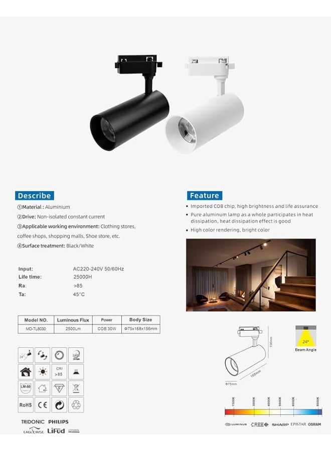 30W LED Track Light, COB Spotlight , 2500Lm, CRI>80, 24° Beam Angle, AC175-265V, PF>0.5, Aluminum Body, 2KV Surge Protection (WARM WHITE, WHITE) - Image 3