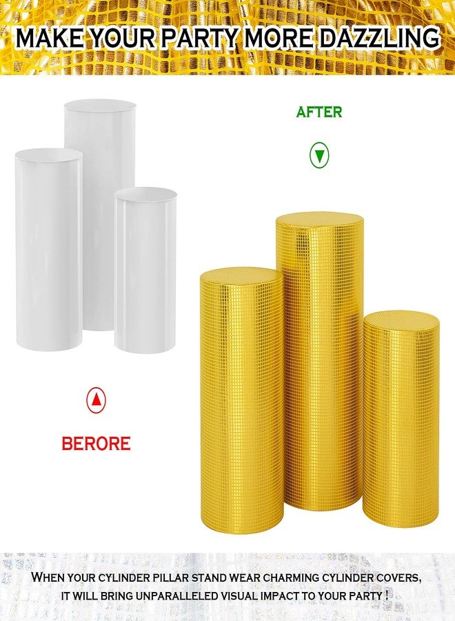 SaitiMade Set of 3 Gold Cylinder Pedestal Stand Covers, 3pcs Spandex Disco Cylinder Stand Covers for Party, Wedding or Birthday Event Decor (Only Contains Cylinder Covers) - Image 4