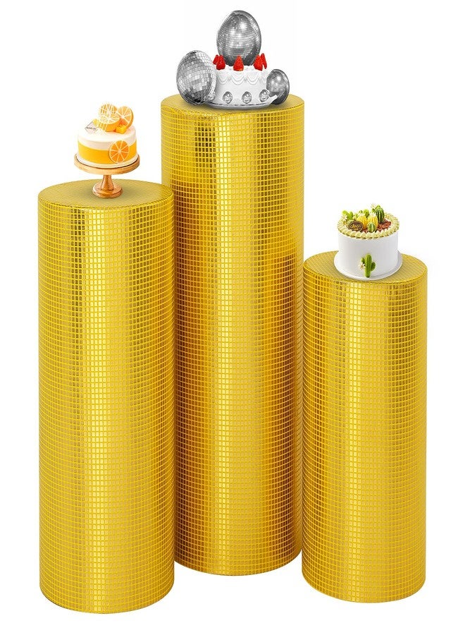 SaitiMade Set of 3 Gold Cylinder Pedestal Stand Covers, 3pcs Spandex Disco Cylinder Stand Covers for Party, Wedding or Birthday Event Decor (Only Contains Cylinder Covers) - Image 1