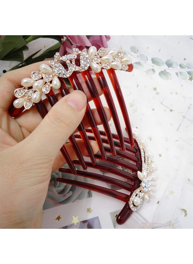 Honbay 2PCS 7 Teeth Hair Side Combs Pearl Crystal Rhinestone Floral Twist Combs Rhinestone Flower Hairpin Decorative Hair Combs Accessories for Women (2 Style)