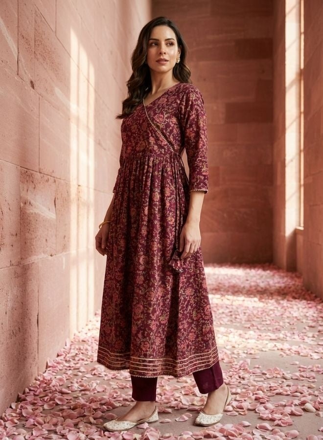 Yuris Women Burgundy Printed Angrakha Gotta Patti Cotton Kurta with Trousers  Dupatta - Image 4