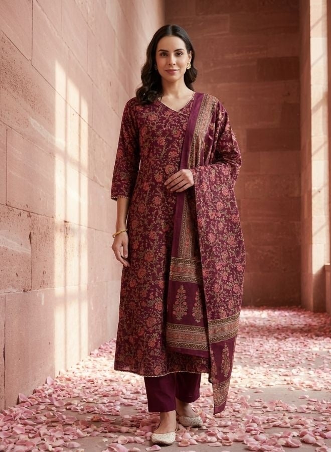 Yuris Women Burgundy Printed Angrakha Gotta Patti Cotton Kurta with Trousers  Dupatta - Image 1