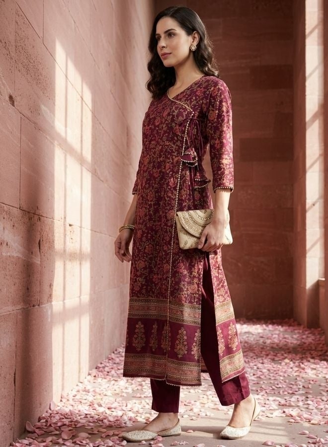 Yuris Women Burgundy Printed Angrakha Gotta Patti Cotton Kurta with Trousers  Dupatta - Image 3