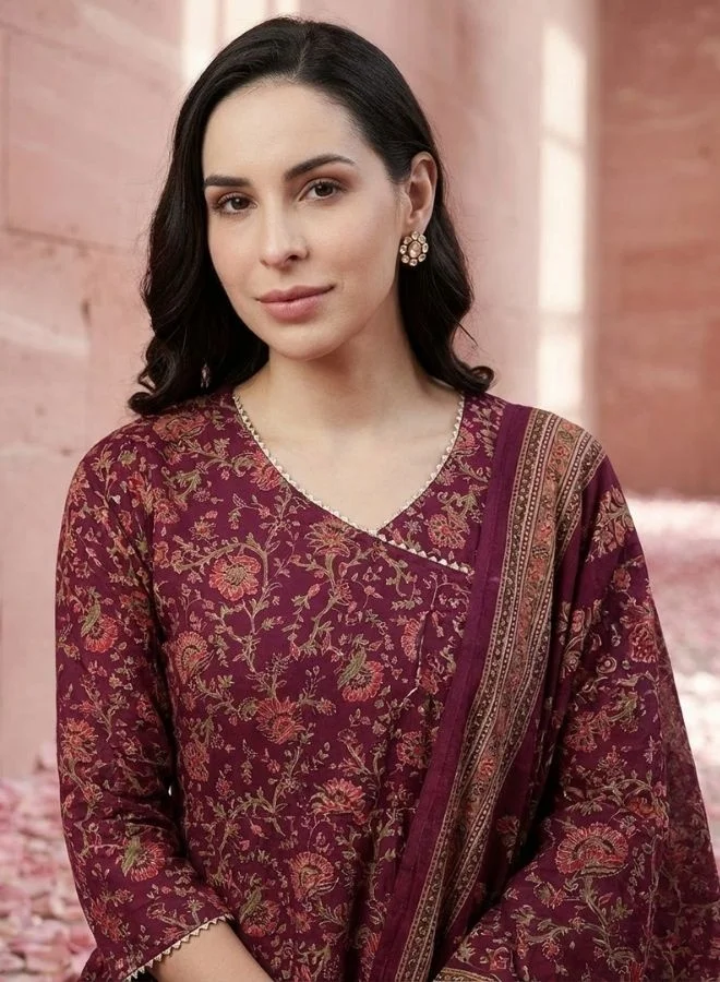 يوريس يوريس نسائي بورغندي مطبوع أنجراكا قطن كورتا مع بنطلون ودوباتا مطرز