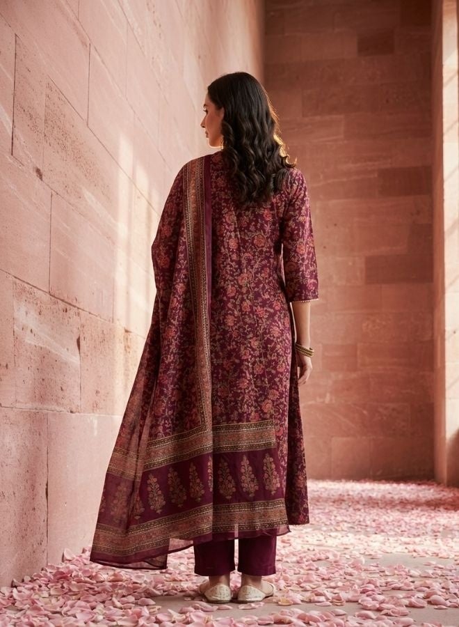 Yuris Women Burgundy Printed Angrakha Gotta Patti Cotton Kurta with Trousers  Dupatta - Image 5