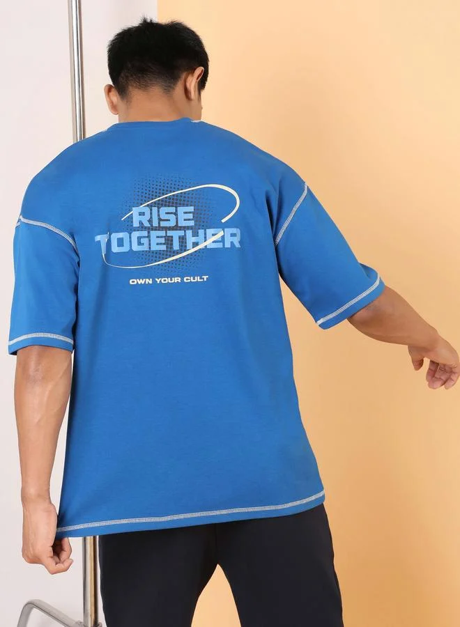 Cult Men Blue Rise Together Slogan Print Oversized T-Shirt