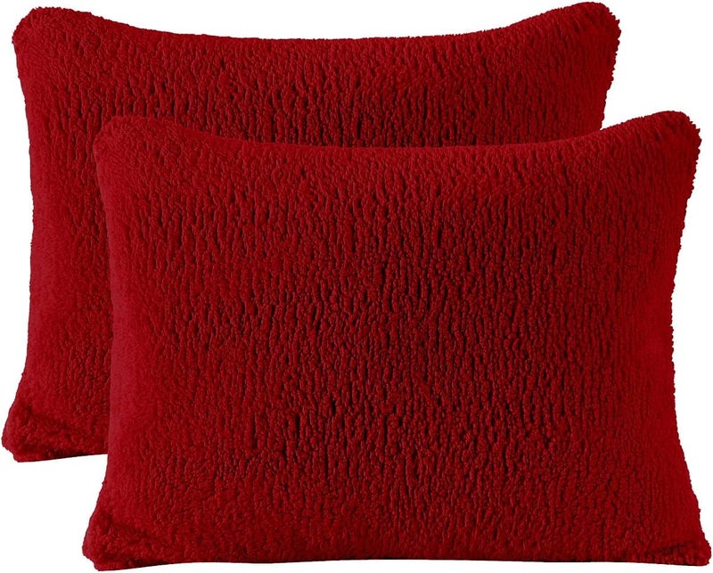 Reafort Sherpa Pillowcases Set of 2, Plush Fleece Standard Pillow Covers 20" x 26" with Zipper Closure, Fluffy Ultra Soft Cozy Pillowcases (Wine, 20”x26” Standard Sham) - Image 1