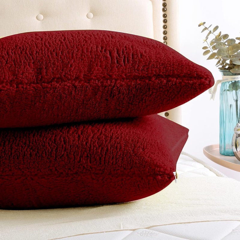 Reafort Sherpa Pillowcases Set of 2, Plush Fleece Standard Pillow Covers 20" x 26" with Zipper Closure, Fluffy Ultra Soft Cozy Pillowcases (Wine, 20”x26” Standard Sham) - Image 4