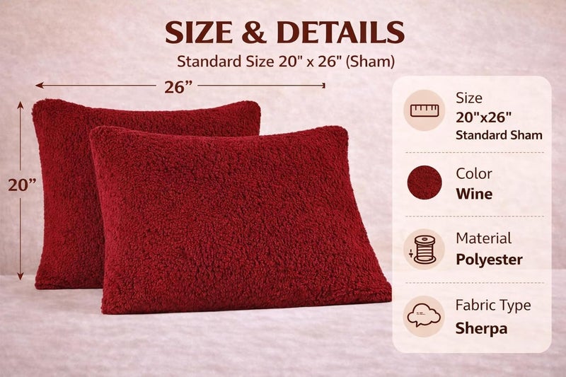 Reafort Sherpa Pillowcases Set of 2, Plush Fleece Standard Pillow Covers 20" x 26" with Zipper Closure, Fluffy Ultra Soft Cozy Pillowcases (Wine, 20”x26” Standard Sham) - Image 2