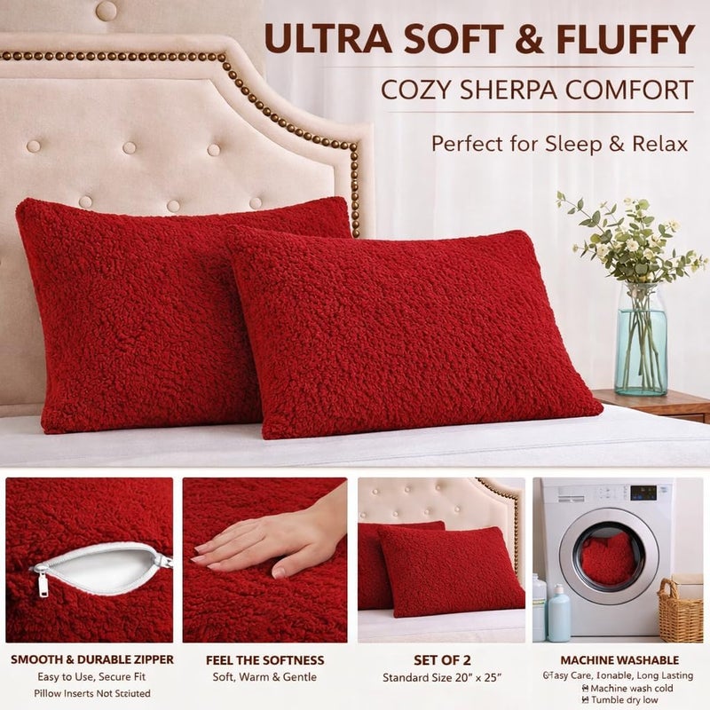 Reafort Sherpa Pillowcases Set of 2, Plush Fleece Standard Pillow Covers 20" x 26" with Zipper Closure, Fluffy Ultra Soft Cozy Pillowcases (Wine, 20”x26” Standard Sham) - Image 3