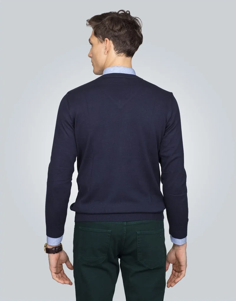 تودورس V-Neck Navy Blue Basic Cotton Men's Sweater