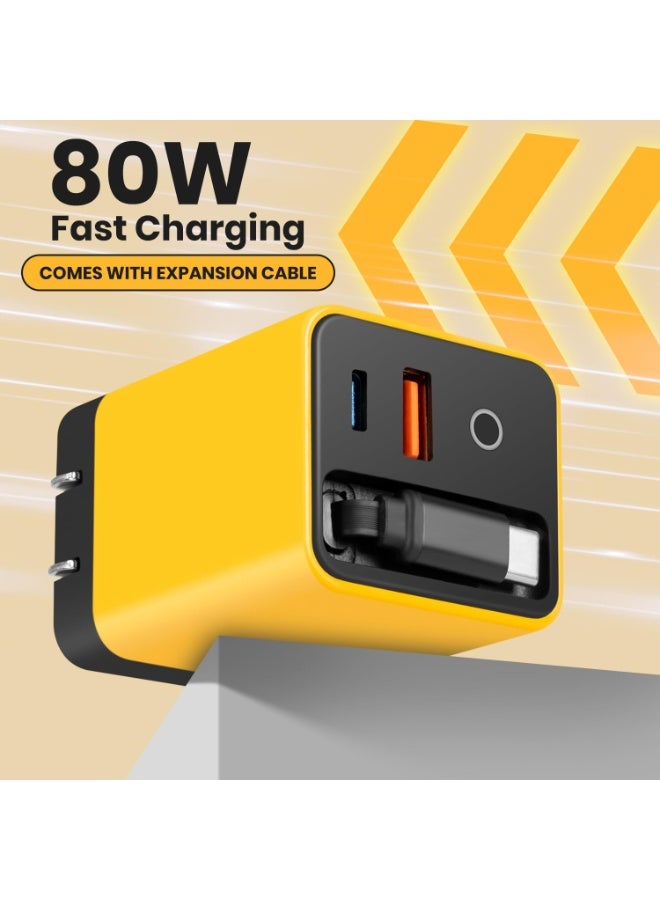 3 in 1 GaN Charger,Scalable 80w Max Fast Charger Module with Type-C Cable & 2 USB Ports, Scalable Charging for iPhone 15/14, Samsung, MacBook, iPad, Laptops - Home Travel Essential (Yellow) - Image 2