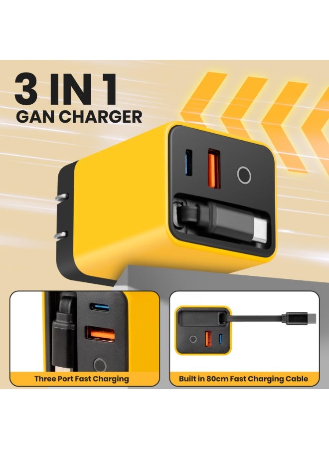 3 in 1 GaN Charger,Scalable 80w Max Fast Charger Module with Type-C Cable & 2 USB Ports, Scalable Charging for iPhone 15/14, Samsung, MacBook, iPad, Laptops - Home Travel Essential (Yellow) - Image 3