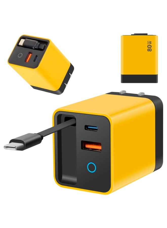 3 in 1 GaN Charger,Scalable 80w Max Fast Charger Module with Type-C Cable & 2 USB Ports, Scalable Charging for iPhone 15/14, Samsung, MacBook, iPad, Laptops - Home Travel Essential (Yellow)