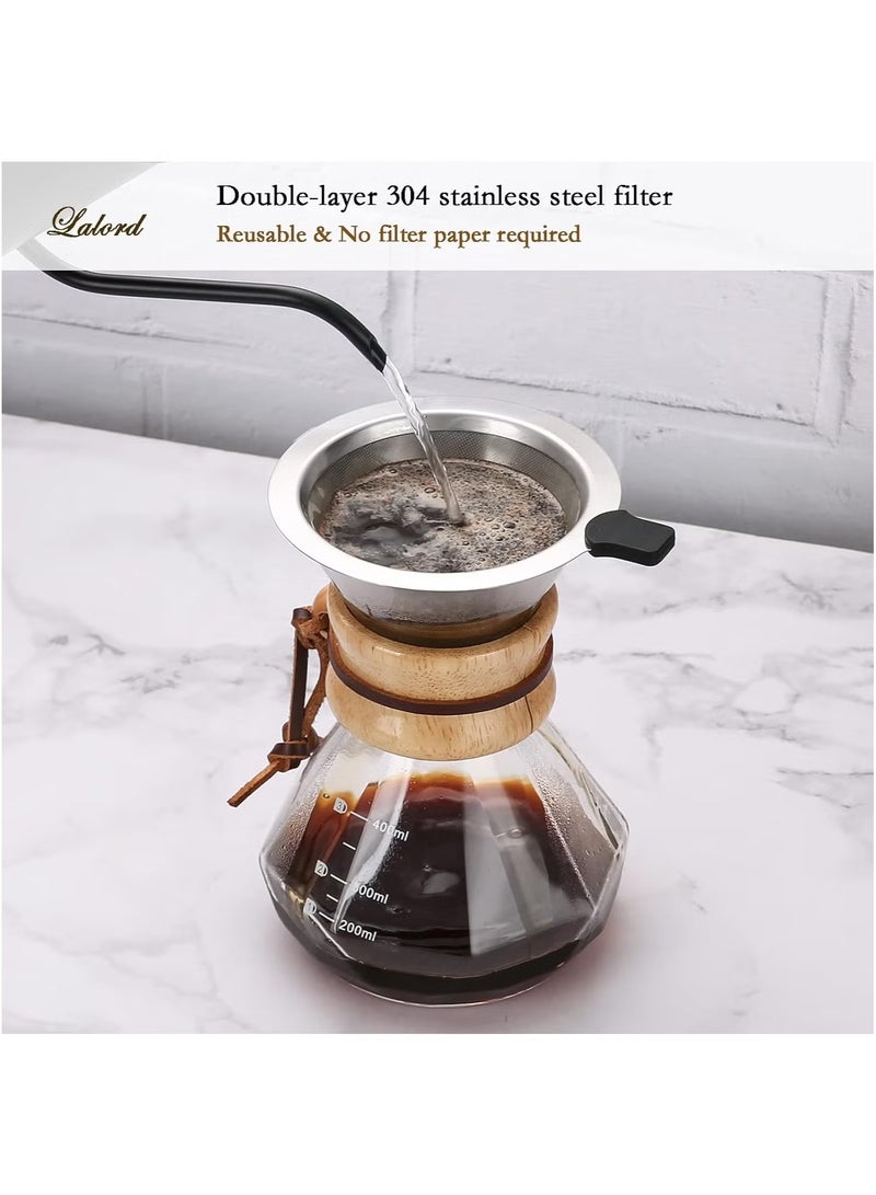 Coffee Maker with Reusable Stainless Steel Filter, Borosilicate Glass Carafe, Wooden Dome, 3-Cup Capacity  - Image 1