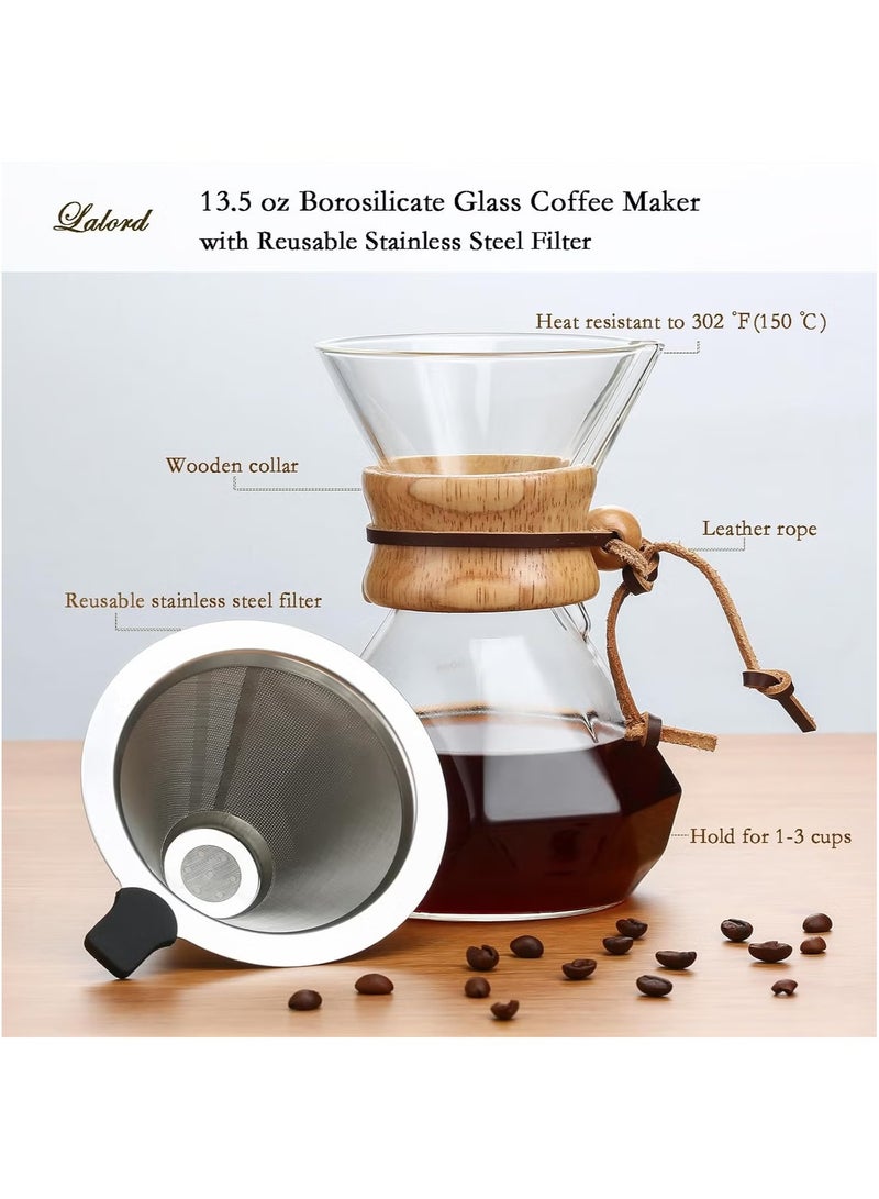 Coffee Maker with Reusable Stainless Steel Filter, Borosilicate Glass Carafe, Wooden Dome, 3-Cup Capacity  - Image 5
