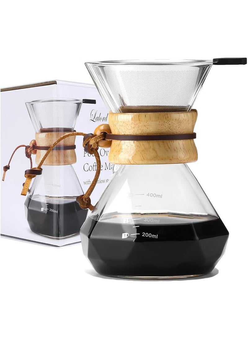 Coffee Maker with Reusable Stainless Steel Filter, Borosilicate Glass Carafe, Wooden Dome, 3-Cup Capacity  - Image 2