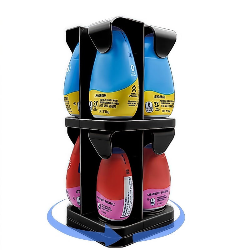 Flybok Organizer for Mio/KoolAid Liquid Water Enhancer - 2-Tier Spinning Holder for 8 Liquid Water Enhancers (Fits 3.24oz & 1.62oz), Stackable ABS Storage, Space-Saving Countertop Dispenser (Black) - Image 1