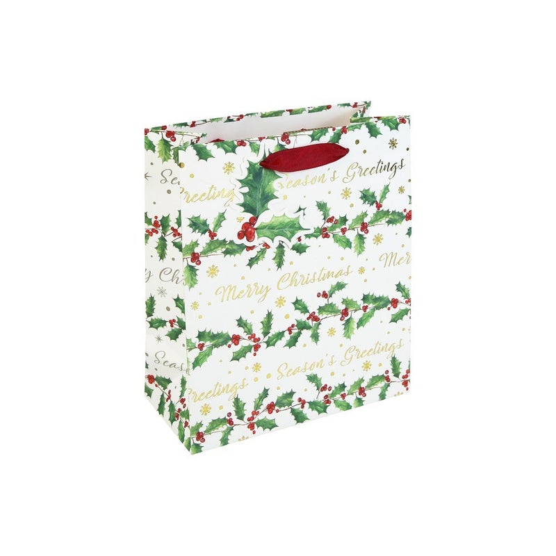 Eurowrap Holly Text White Kraft Bag – Christmas and Holiday Gift Bag, Festive Packaging, Seasonal Present Holder, Holiday Celebration, and Perfect Christmas Gifting Essentials - Size MEDIUM