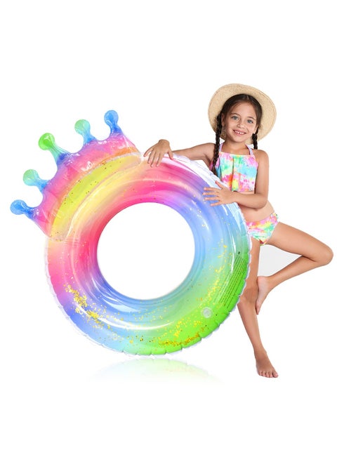 SYOSI Swimming Ring for Kids Aged 4-8 Years, Pool Inflatable Float with Sequin, Colorful Crown Pool Party Inflatable Float for Children, Durable Summer Pool Swimming Ring