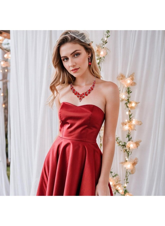 BriLove Wedding Bridal Necklace Earrings Jewelry Set For Women Austrian Crystal Teardrop Cluster Statement Necklace Dangle Earrings Set Ruby Color Silver-Tone - Image 2