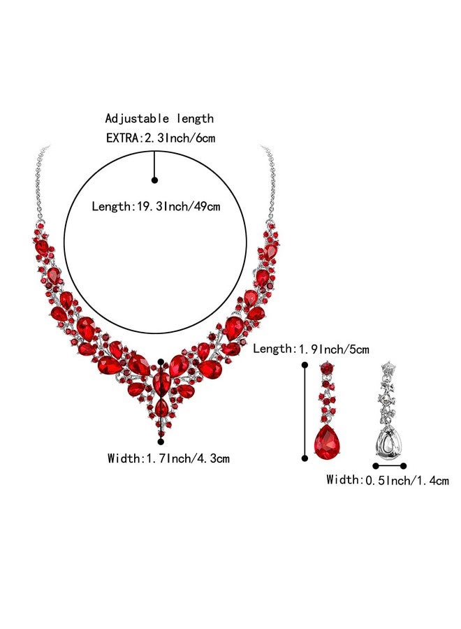 BriLove Wedding Bridal Necklace Earrings Jewelry Set For Women Austrian Crystal Teardrop Cluster Statement Necklace Dangle Earrings Set Ruby Color Silver-Tone - Image 4