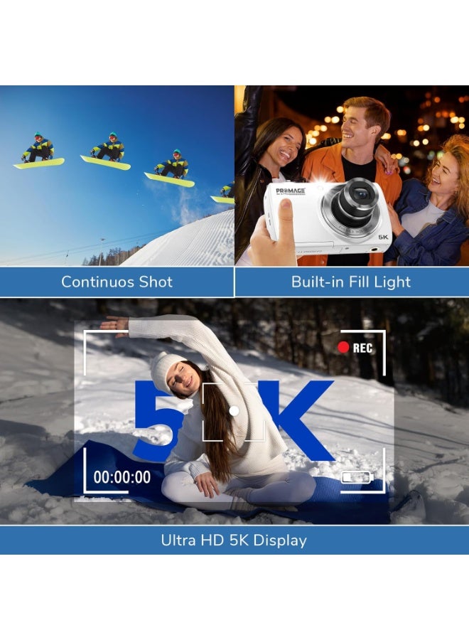 PROMAGE 5K Digital Camera White, Small Digital Compact Camera Dual Lens Point and Shoot Camera for Travel Vlogging YouTube Photography with 5X Optical Zoom Autofocus 2.8 Inch Touch Screen - Image 3