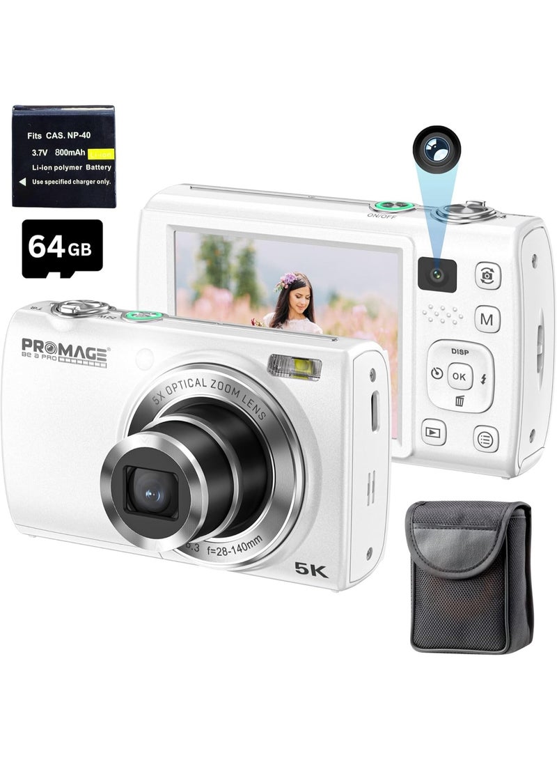 PROMAGE 5K Digital Camera White, Small Digital Compact Camera Dual Lens Point and Shoot Camera for Travel Vlogging YouTube Photography with 5X Optical Zoom Autofocus 2.8 Inch Touch Screen - Image 1