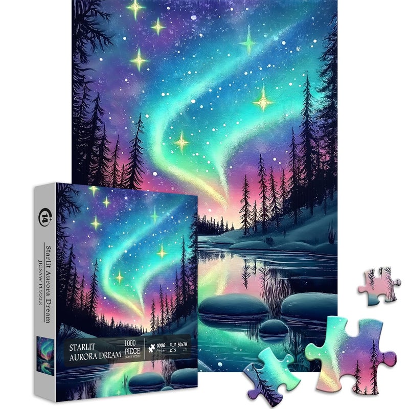 PICKFORU Magic Northern Lights Puzzles for Adults 1000 Pieces Nature Fantasy Landscape Puzzle Tree Star Starry Night Puzzles Galaxy Challenging Scenery Jigsaw Puzzles Aurora Light - Image 3