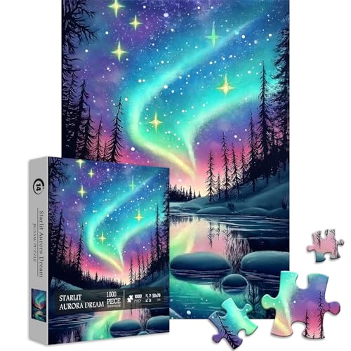 PICKFORU Magic Northern Lights Puzzles for Adults 1000 Pieces Nature Fantasy Landscape Puzzle Tree Star Starry Night Puzzles Galaxy Challenging Scenery Jigsaw Puzzles Aurora Light - Image 1