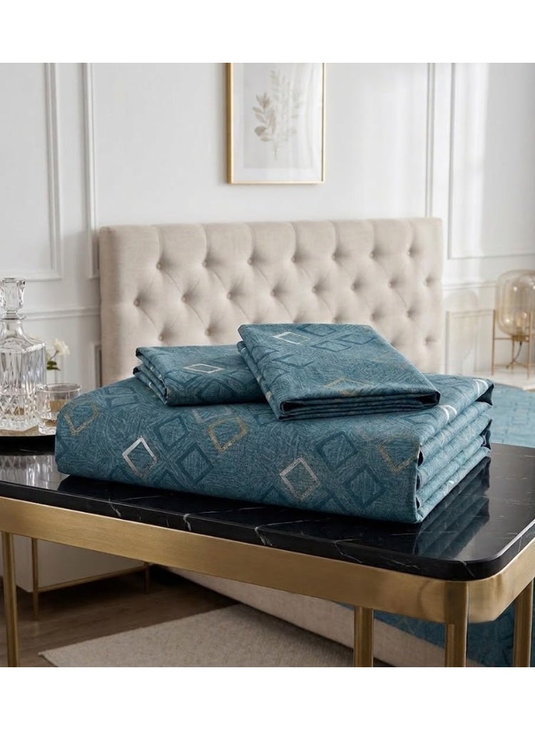 3-Piece 150 GSM Microfiber King Size Bed Sheet Set - Modern Geometric Diamond Print in Teal Blue, Includes 1 Flat Sheet (270x250 CM) & 2 Pillowcases (50x75 CM) - Image 4