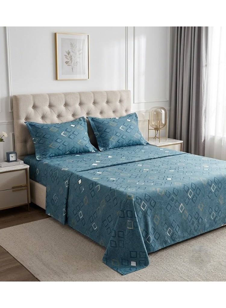 3-Piece 150 GSM Microfiber King Size Bed Sheet Set - Modern Geometric Diamond Print in Teal Blue, Includes 1 Flat Sheet (270x250 CM) & 2 Pillowcases (50x75 CM) - Image 1