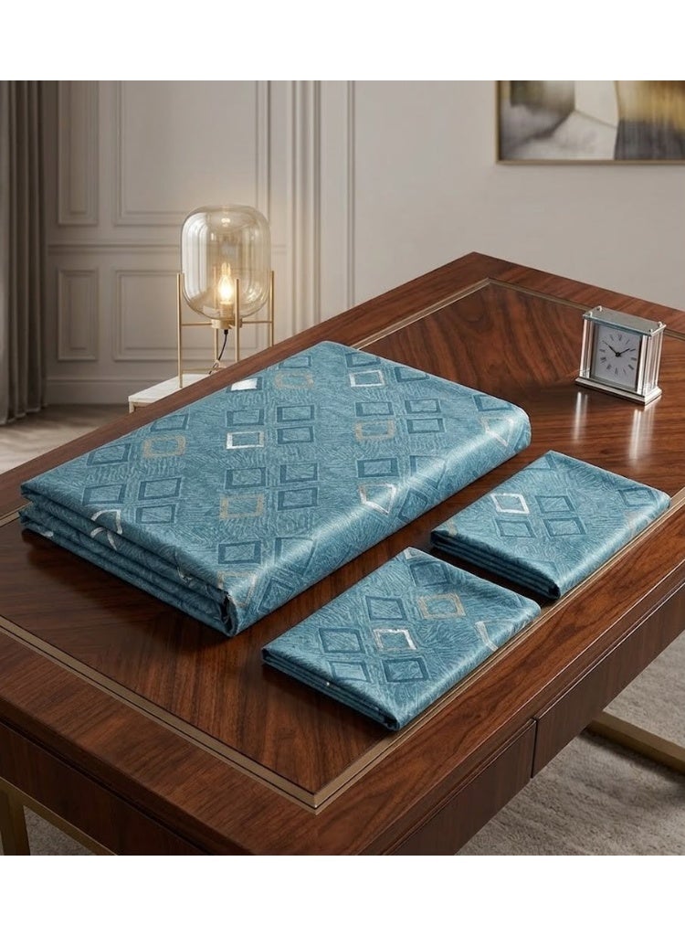 3-Piece 150 GSM Microfiber King Size Bed Sheet Set - Modern Geometric Diamond Print in Teal Blue, Includes 1 Flat Sheet (270x250 CM) & 2 Pillowcases (50x75 CM) - Image 2