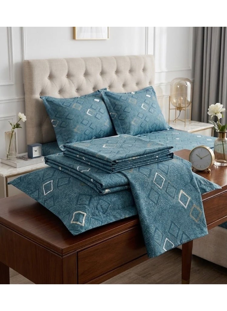 3-Piece 150 GSM Microfiber King Size Bed Sheet Set - Modern Geometric Diamond Print in Teal Blue, Includes 1 Flat Sheet (270x250 CM) & 2 Pillowcases (50x75 CM) - Image 3