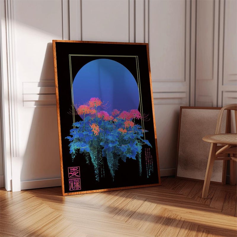 TNESSENTIAL Japanese Cyberpunk Poster, Neon Botanical Wall Art Print, Blue and Pink Gradient Moon Design, Futuristic Nature Decor for Modern Homes - Image 5
