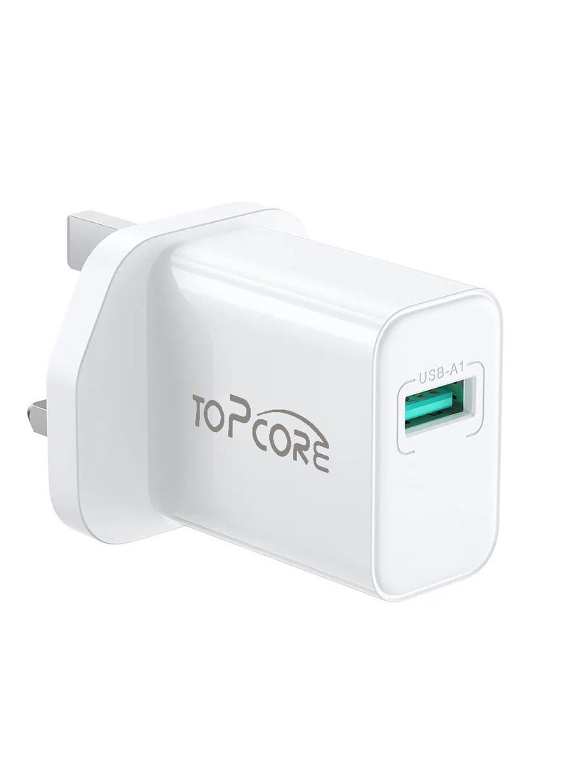توب كور - محول طاقة USB من نوع A بقوة 20 واط وتقنية PD 3.0: يوفر شحناً فعّالاً وسريعًا للأجهزة المتوافقة. يشمل محول الطاقة الحائطي وكابل بطول 1 متر مع شاحن سريع للهواتف بواجهة USB-A. - Image 1